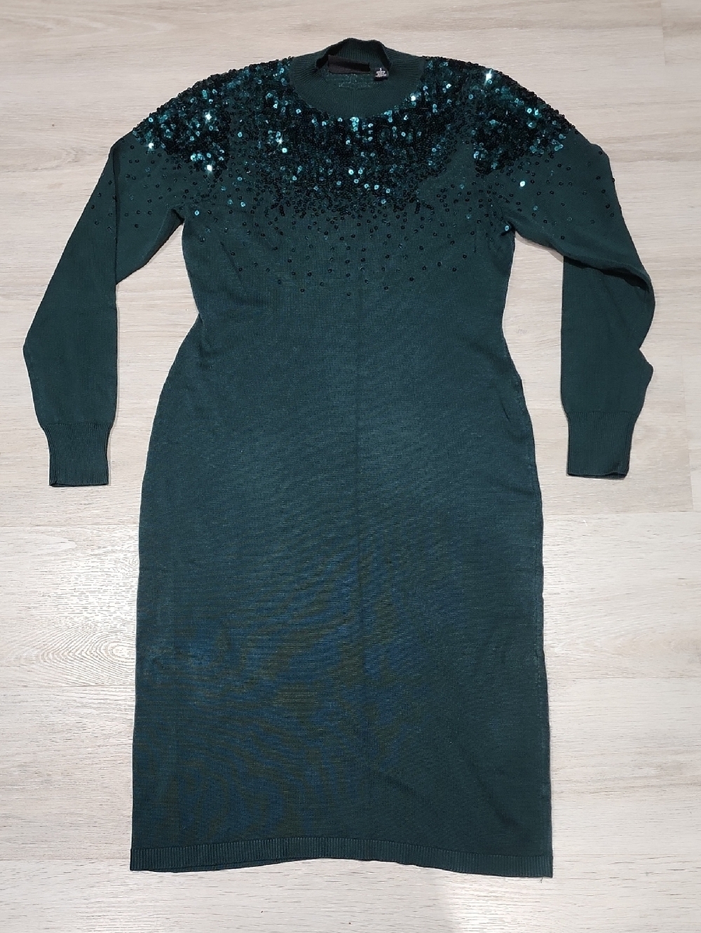 Nina Leonard Dark Green Sequin-Yoke Long Sleeve Knit Dress Small